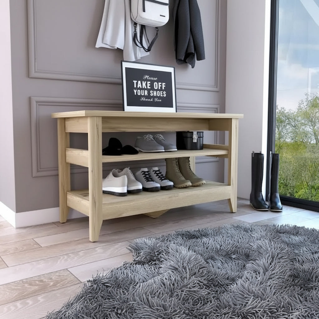 Panca contenitore in Rovere Chiaro e Nero con 2 Ripiani Aperti, 4 Gambe – 1 Posto
