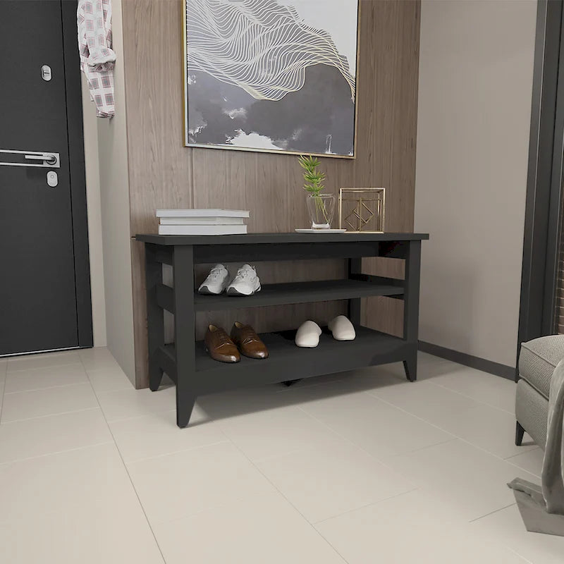 Panca contenitore in Rovere Chiaro e Nero con 2 Ripiani Aperti, 4 Gambe – 1 Posto