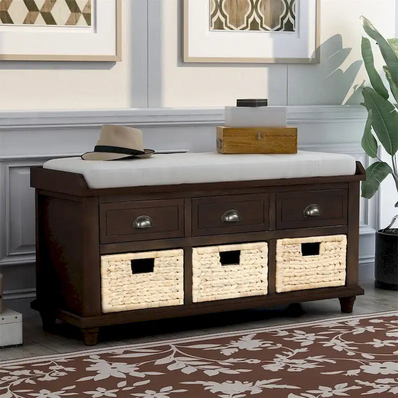 Panca contenitore a 3 cassetti con cesti in rattan, Espresso/Bianco/Blu Antico, 1 persona