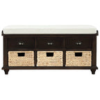 Panca contenitore a 3 cassetti con cesti in rattan, Espresso/Bianco/Blu Antico, 1 persona