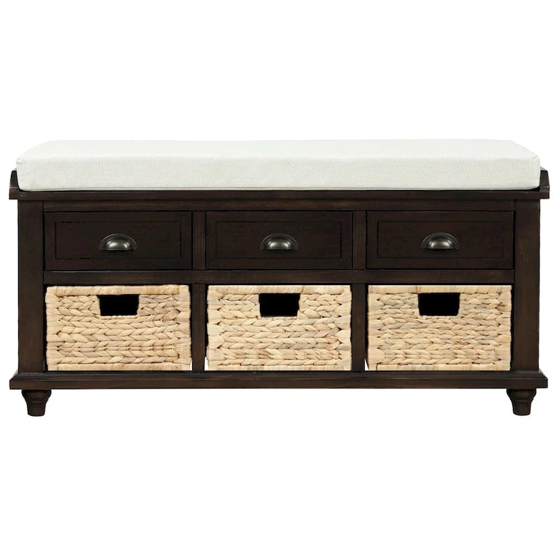 Panca contenitore a 3 cassetti con cesti in rattan, Espresso/Bianco/Blu Antico, 1 persona