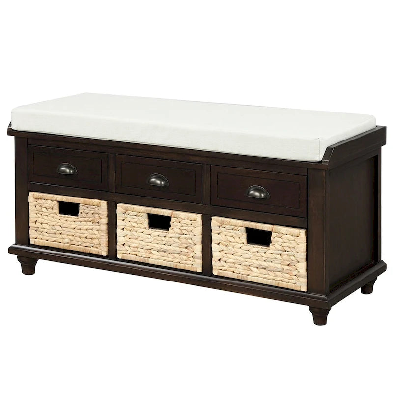 Panca contenitore a 3 cassetti con cesti in rattan, Espresso/Bianco/Blu Antico, 1 persona