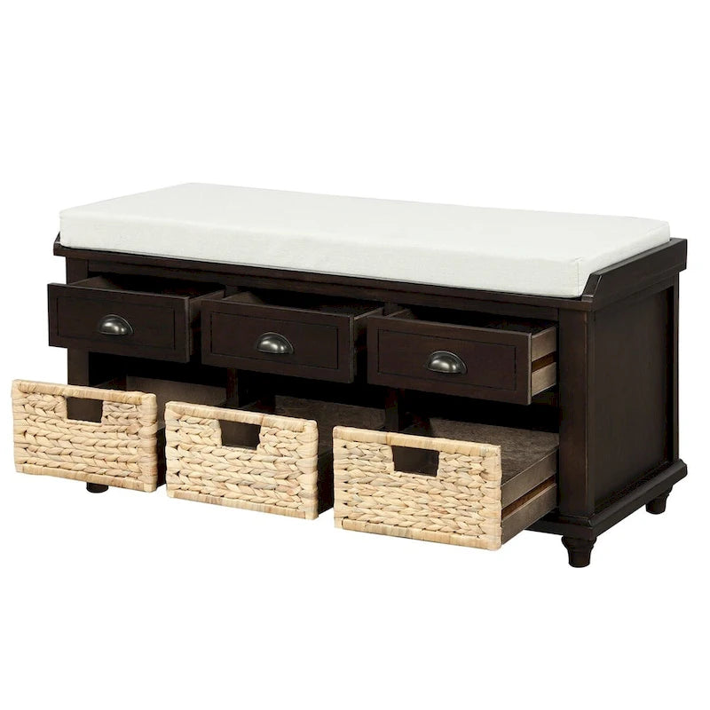 Panca contenitore a 3 cassetti con cesti in rattan, Espresso/Bianco/Blu Antico, 1 persona