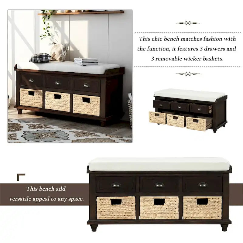 Panca contenitore a 3 cassetti con cesti in rattan, Espresso/Bianco/Blu Antico, 1 persona