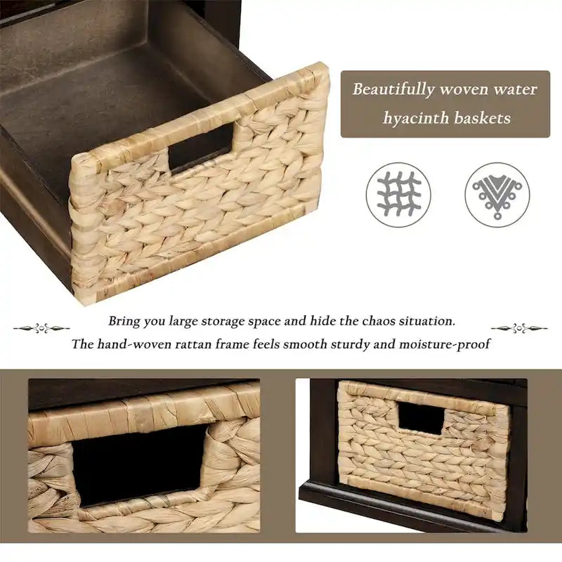 Panca contenitore a 3 cassetti con cesti in rattan, Espresso/Bianco/Blu Antico, 1 persona