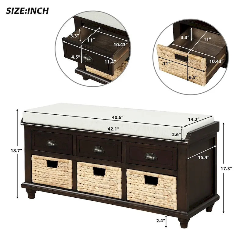 Panca contenitore a 3 cassetti con cesti in rattan, Espresso/Bianco/Blu Antico, 1 persona