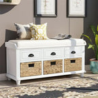 Panca contenitore a 3 cassetti con cesti in rattan, Espresso/Bianco/Blu Antico, 1 persona