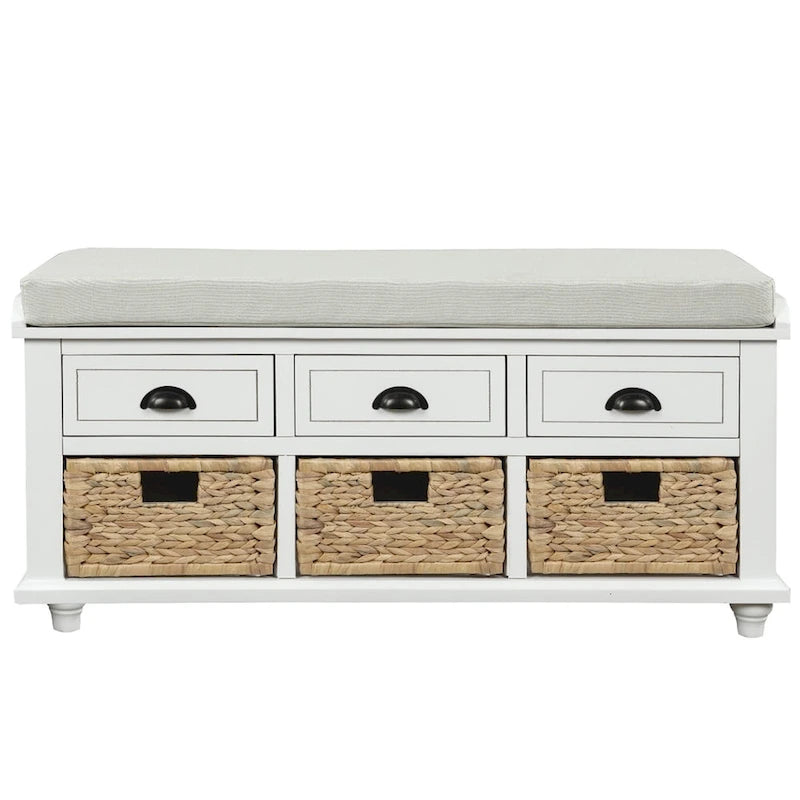 Panca contenitore a 3 cassetti con cesti in rattan, Espresso/Bianco/Blu Antico, 1 persona
