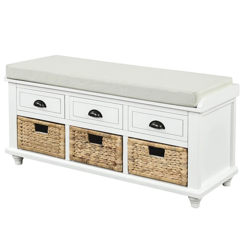 Panca contenitore a 3 cassetti con cesti in rattan, Espresso/Bianco/Blu Antico, 1 persona