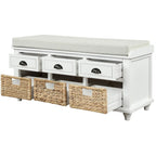 Panca contenitore a 3 cassetti con cesti in rattan, Espresso/Bianco/Blu Antico, 1 persona