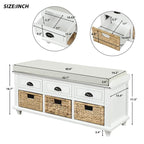 Panca contenitore a 3 cassetti con cesti in rattan, Espresso/Bianco/Blu Antico, 1 persona