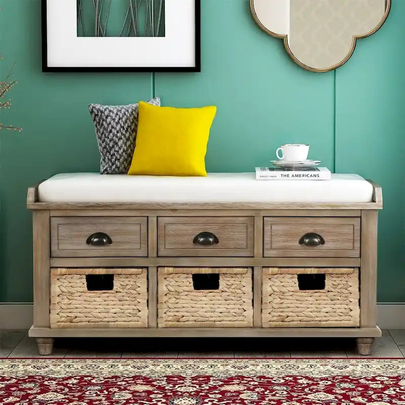 Panca contenitore a 3 cassetti con cesti in rattan, Espresso/Bianco/Blu Antico, 1 persona