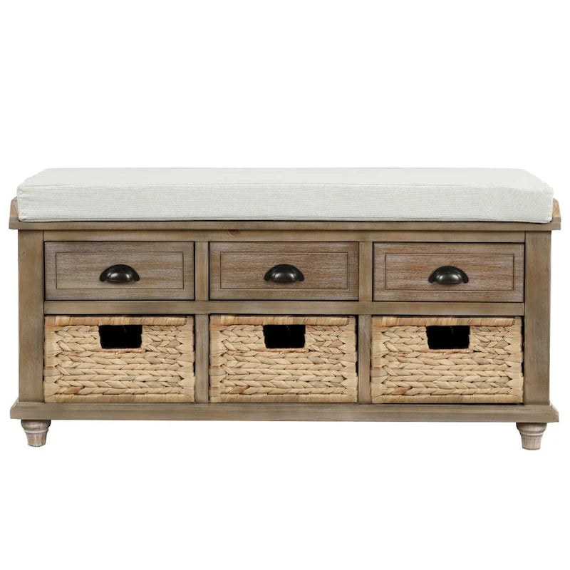 Panca contenitore a 3 cassetti con cesti in rattan, Espresso/Bianco/Blu Antico, 1 persona