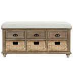 Panca contenitore a 3 cassetti con cesti in rattan, Espresso/Bianco/Blu Antico, 1 persona
