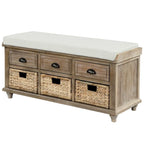 Panca contenitore a 3 cassetti con cesti in rattan, Espresso/Bianco/Blu Antico, 1 persona