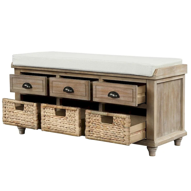 Panca contenitore a 3 cassetti con cesti in rattan, Espresso/Bianco/Blu Antico, 1 persona