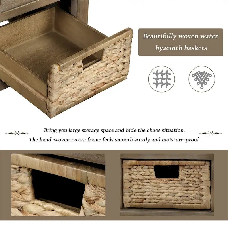 Panca contenitore a 3 cassetti con cesti in rattan, Espresso/Bianco/Blu Antico, 1 persona