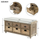 Panca contenitore a 3 cassetti con cesti in rattan, Espresso/Bianco/Blu Antico, 1 persona