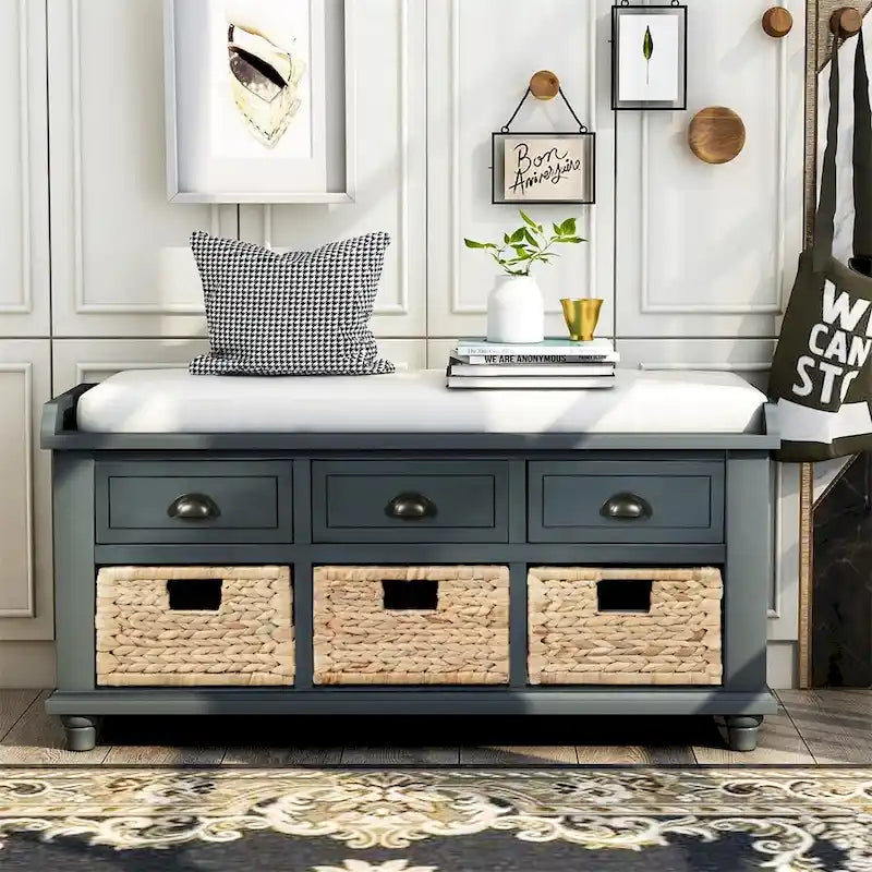 Panca contenitore a 3 cassetti con cesti in rattan, Espresso/Bianco/Blu Antico, 1 persona