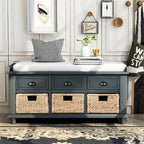 Panca contenitore a 3 cassetti con cesti in rattan, Espresso/Bianco/Blu Antico, 1 persona