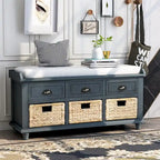 Panca contenitore a 3 cassetti con cesti in rattan, Espresso/Bianco/Blu Antico, 1 persona