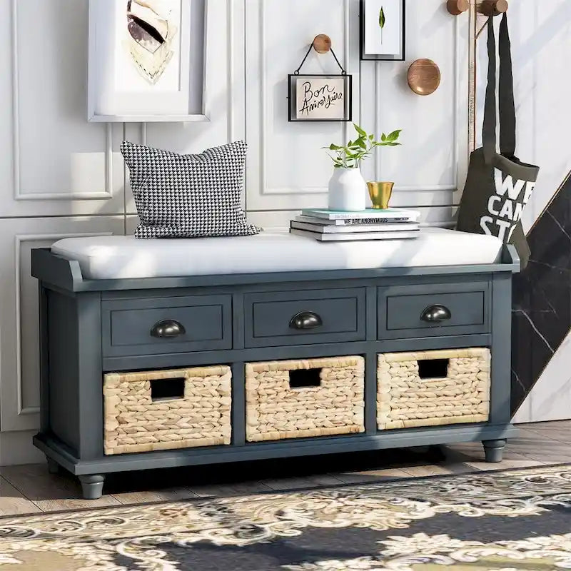 Panca contenitore a 3 cassetti con cesti in rattan, Espresso/Bianco/Blu Antico, 1 persona