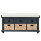 Panca contenitore a 3 cassetti con cesti in rattan, Espresso/Bianco/Blu Antico, 1 persona