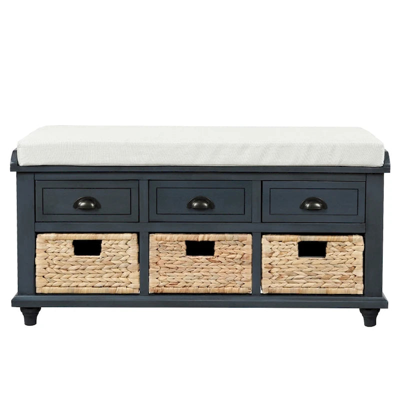 Panca contenitore a 3 cassetti con cesti in rattan, Espresso/Bianco/Blu Antico, 1 persona