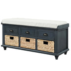 Panca contenitore a 3 cassetti con cesti in rattan, Espresso/Bianco/Blu Antico, 1 persona