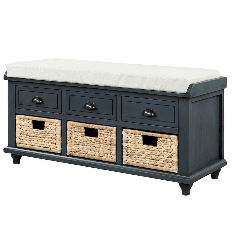 Panca contenitore a 3 cassetti con cesti in rattan, Espresso/Bianco/Blu Antico, 1 persona