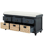 Panca contenitore a 3 cassetti con cesti in rattan, Espresso/Bianco/Blu Antico, 1 persona