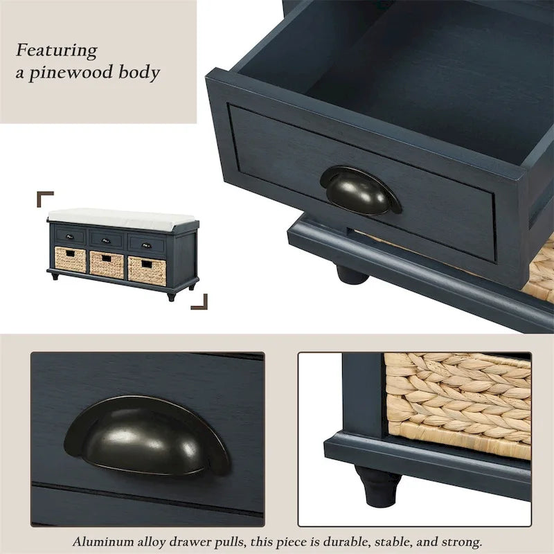 Panca contenitore a 3 cassetti con cesti in rattan, Espresso/Bianco/Blu Antico, 1 persona