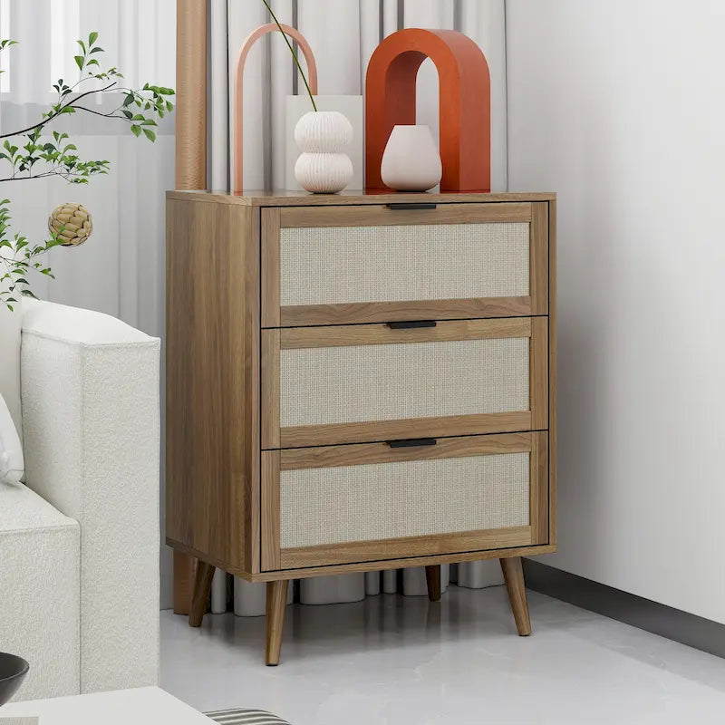 Comodino a 3 cassetti in rattan – Noce / Nero / Blu / Naturale / Verde scuro, Singolo