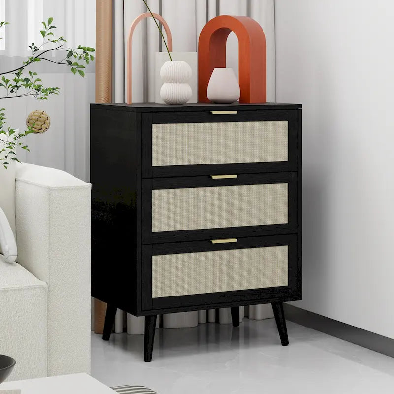 Comodino a 3 cassetti in rattan – Noce / Nero / Blu / Naturale / Verde scuro, Singolo
