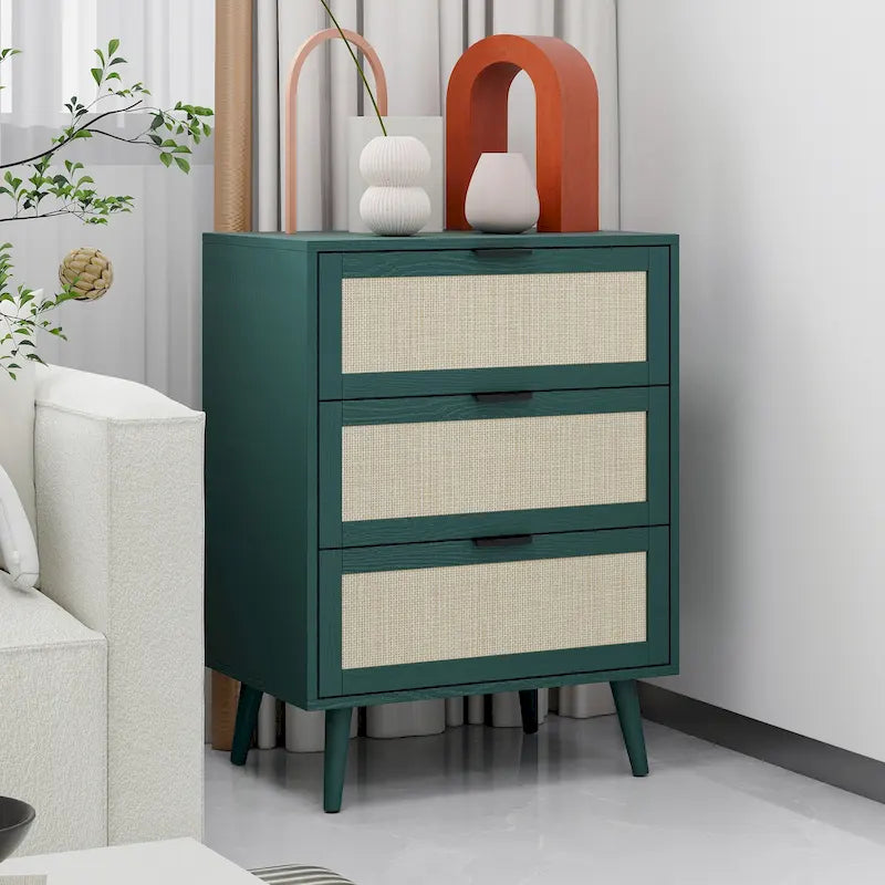 Comodino a 3 cassetti in rattan – Noce / Nero / Blu / Naturale / Verde scuro, Singolo