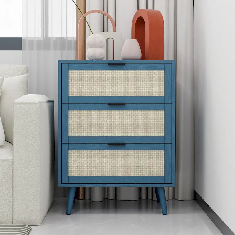 Comodino a 3 cassetti in rattan – Noce / Nero / Blu / Naturale / Verde scuro, Singolo