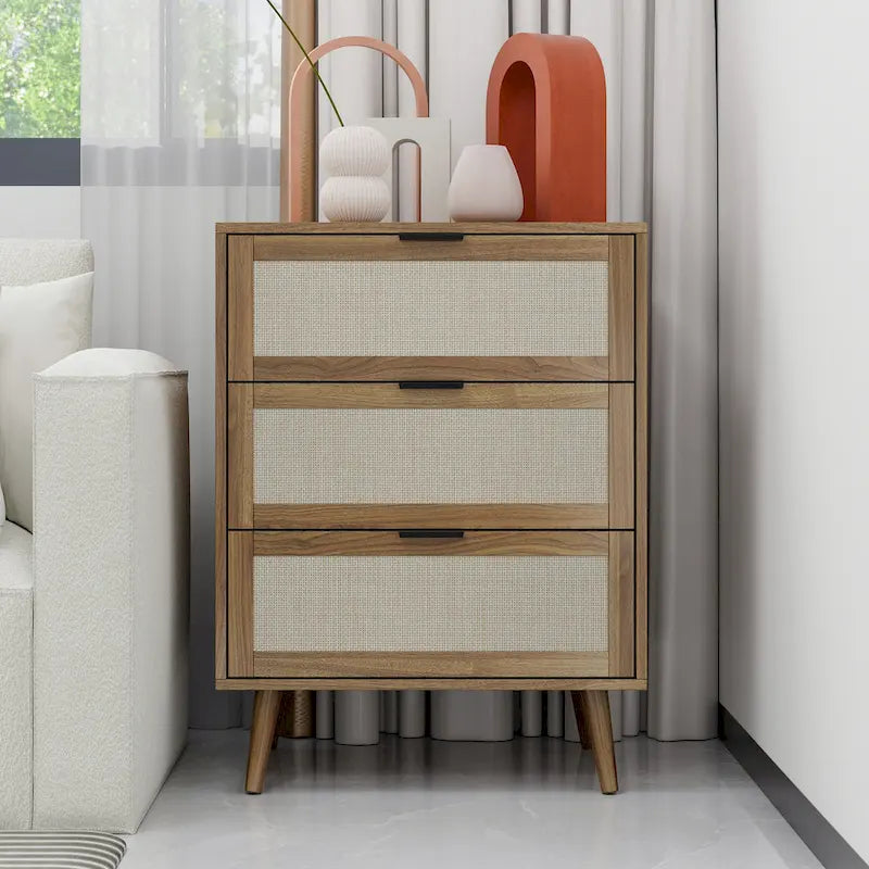 Comodino a 3 cassetti in rattan – Noce / Nero / Blu / Naturale / Verde scuro, Singolo