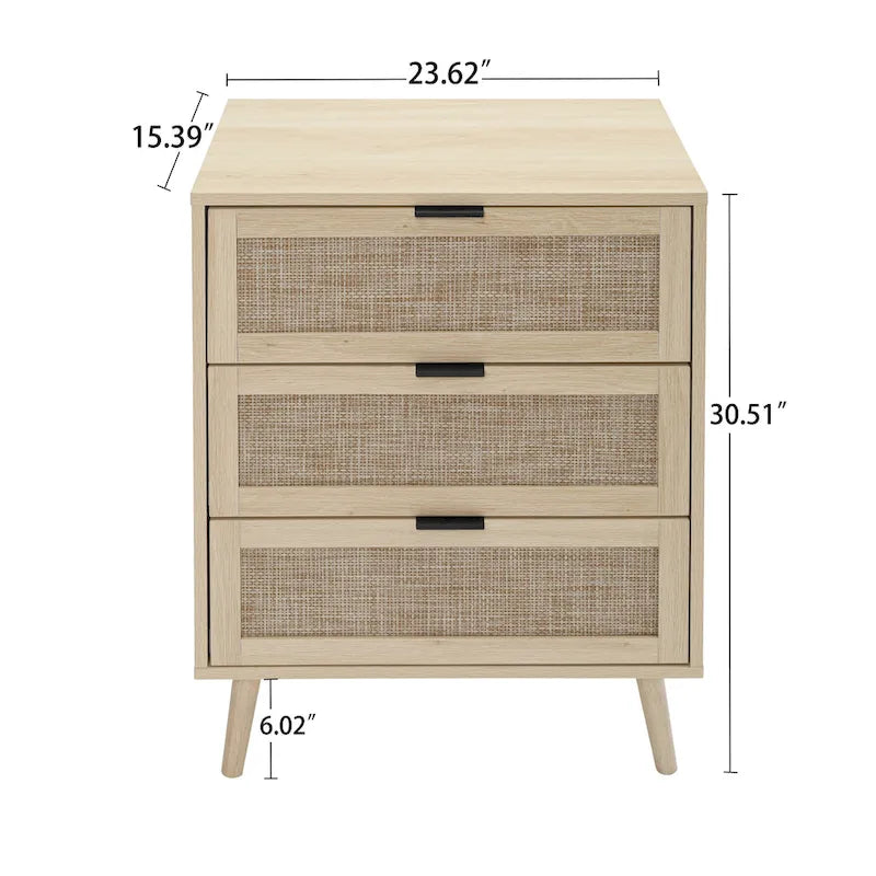 Comodino a 3 cassetti in rattan – Noce / Nero / Blu / Naturale / Verde scuro, Singolo