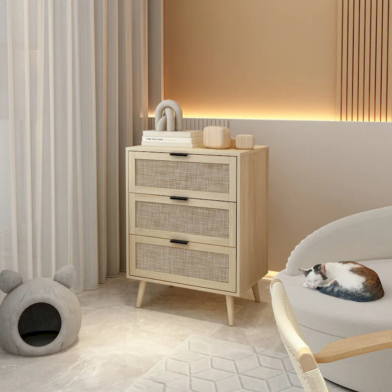 Comodino a 3 cassetti in rattan – Noce / Nero / Blu / Naturale / Verde scuro, Singolo