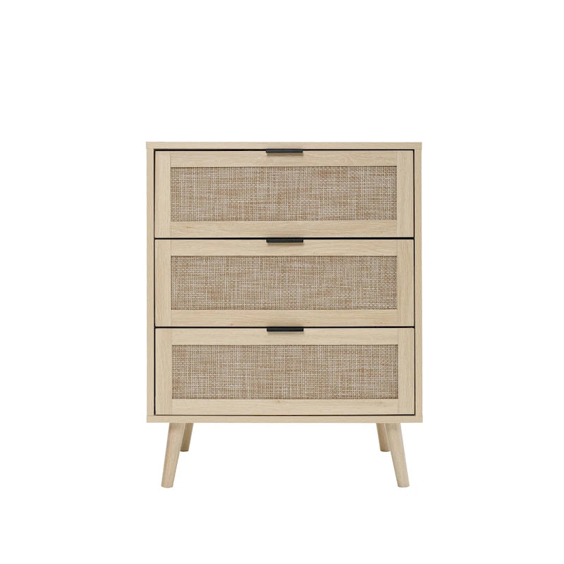 Comodino a 3 cassetti in rattan – Noce / Nero / Blu / Naturale / Verde scuro, Singolo