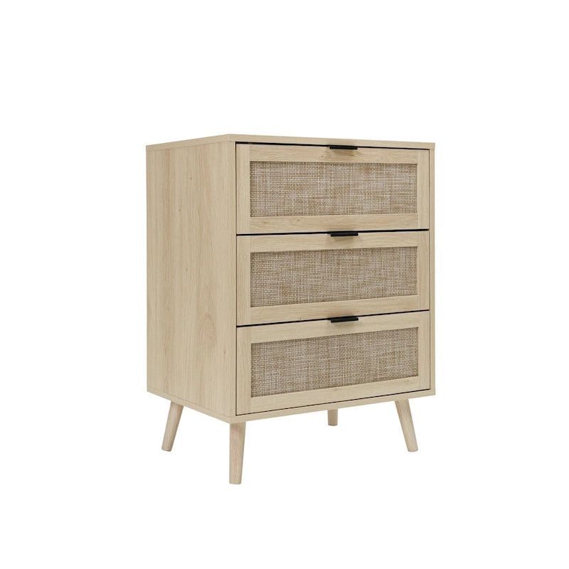 Comodino a 3 cassetti in rattan – Noce / Nero / Blu / Naturale / Verde scuro, Singolo