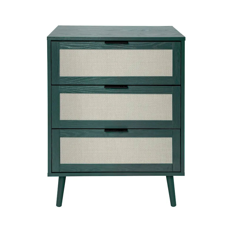 Comodino a 3 cassetti in rattan – Noce / Nero / Blu / Naturale / Verde scuro, Singolo