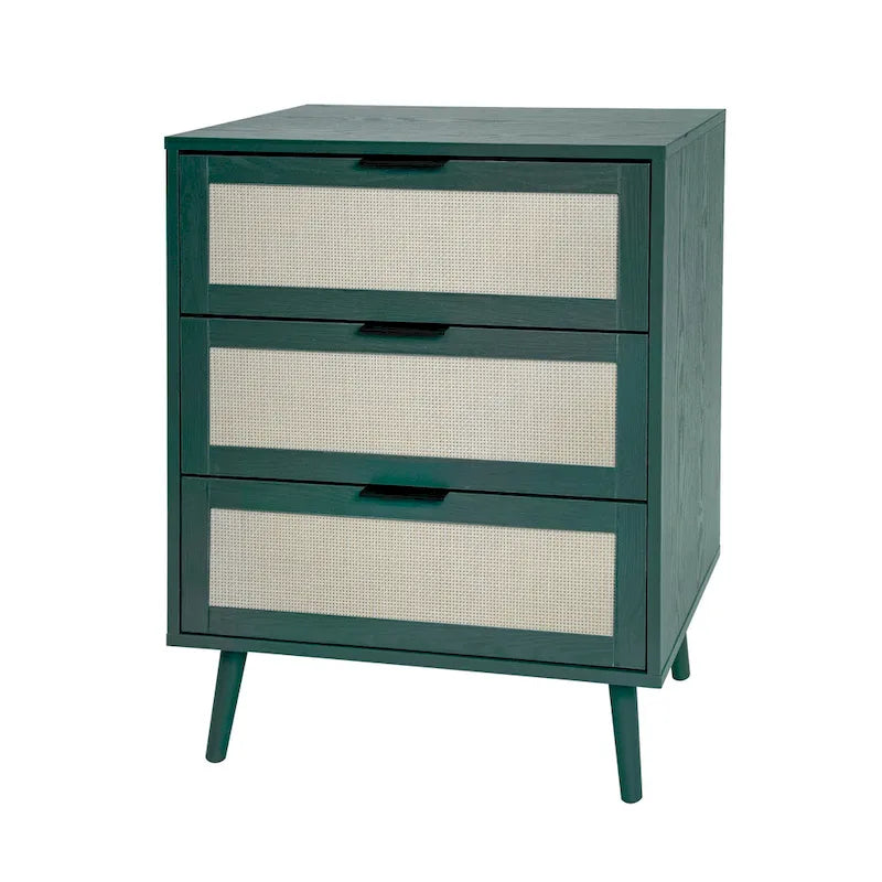 Comodino a 3 cassetti in rattan – Noce / Nero / Blu / Naturale / Verde scuro, Singolo
