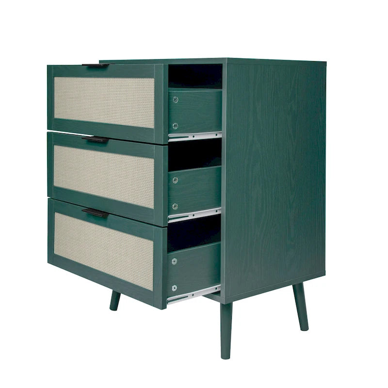 Comodino a 3 cassetti in rattan – Noce / Nero / Blu / Naturale / Verde scuro, Singolo