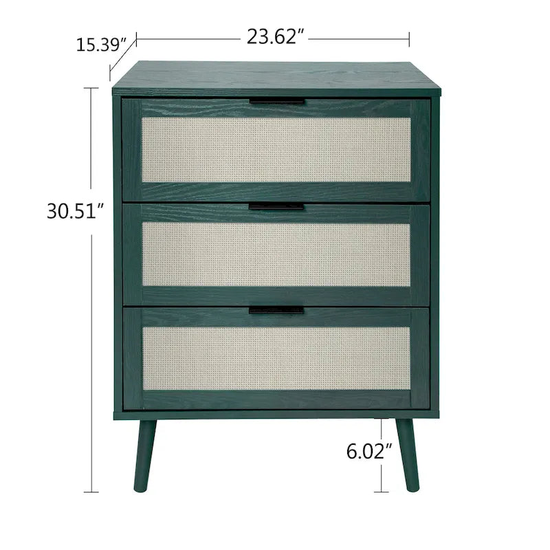 Comodino a 3 cassetti in rattan – Noce / Nero / Blu / Naturale / Verde scuro, Singolo