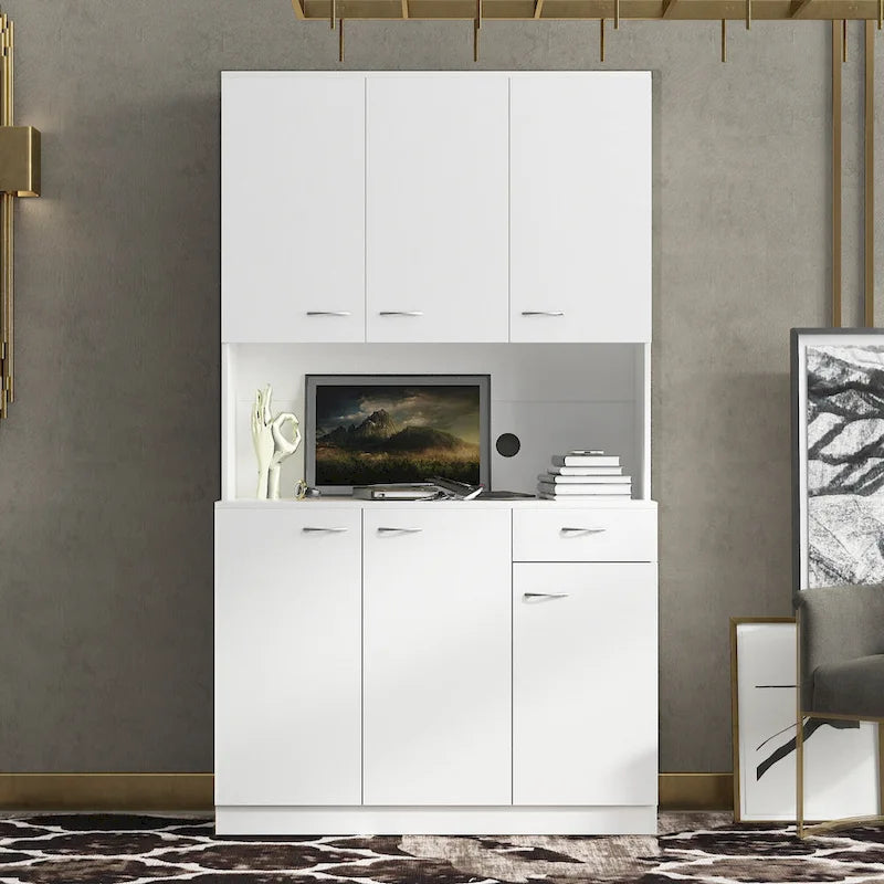 Mobile Dispensa da Cucina Bianco Autoportante con 6 Ante, 1 Cassetto e 1 Ripiano Aperto