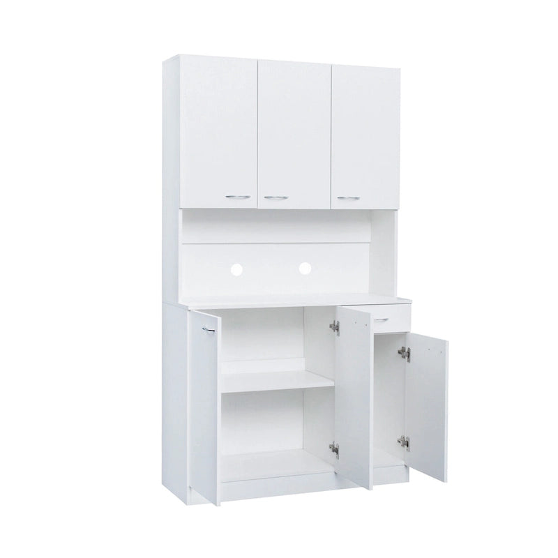 Mobile Dispensa da Cucina Bianco Autoportante con 6 Ante, 1 Cassetto e 1 Ripiano Aperto