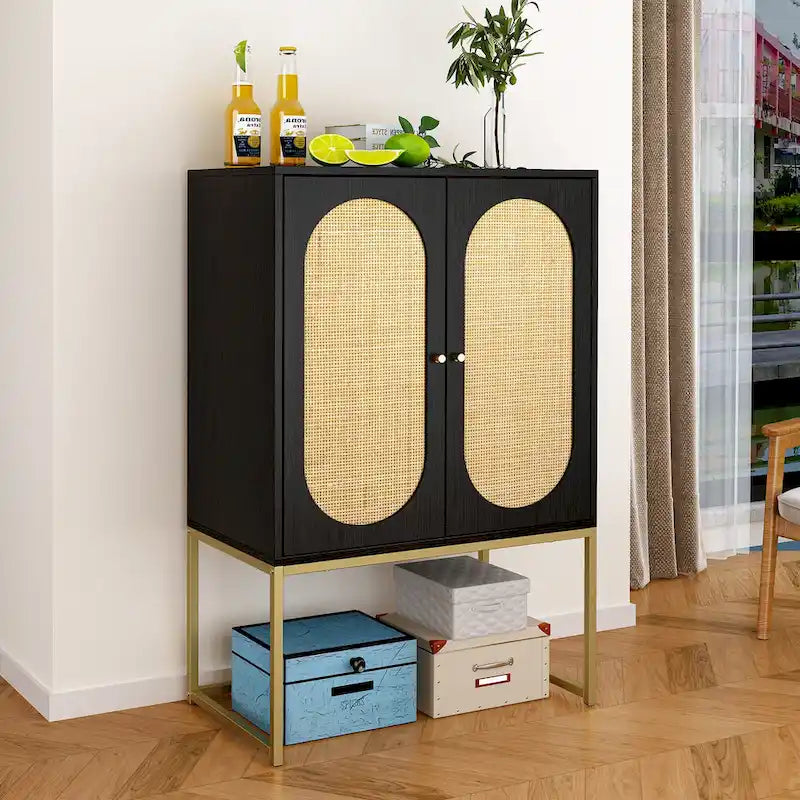 Bianco / Noce / Nero / Marrone Armadietto a 2 ante con pannello in rattan, ripiano regolabile, per 1