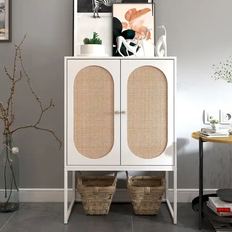 Bianco / Noce / Nero / Marrone Armadietto a 2 ante con pannello in rattan, ripiano regolabile, per 1