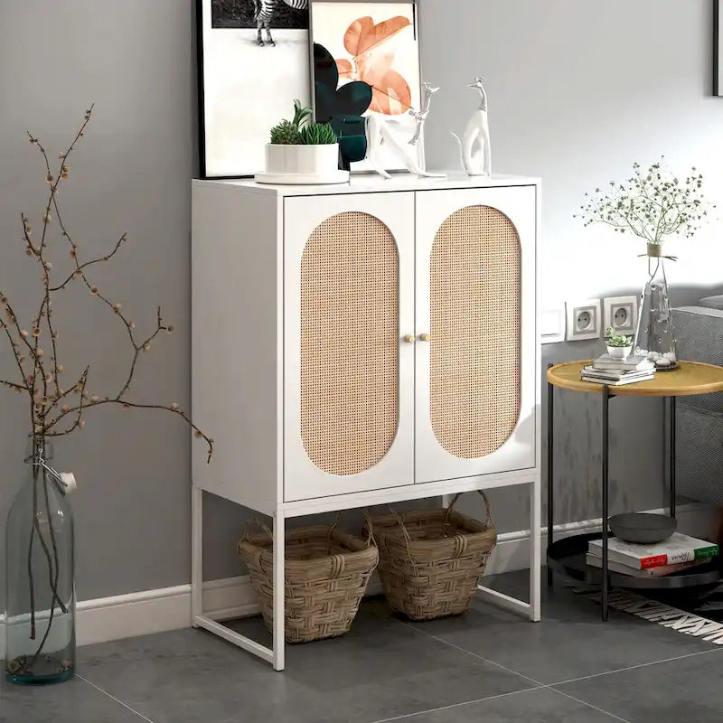 Bianco / Noce / Nero / Marrone Armadietto a 2 ante con pannello in rattan, ripiano regolabile, per 1